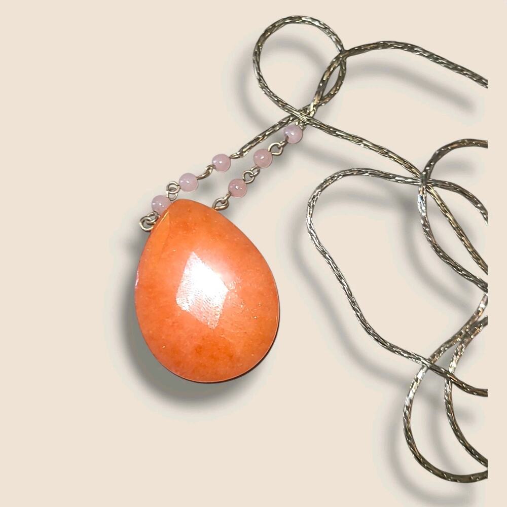 Vintage Natural Orange Aventurine Pendant Necklace Rose Quartz Beads